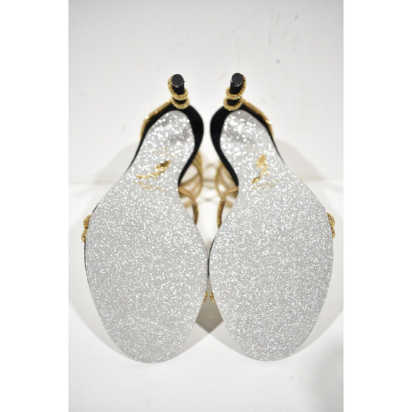 Rene Caovilla Margot Black Gold Crystal Ankle Wrap Strap Sandal Heel Pump 37 - Picture 12 of 12